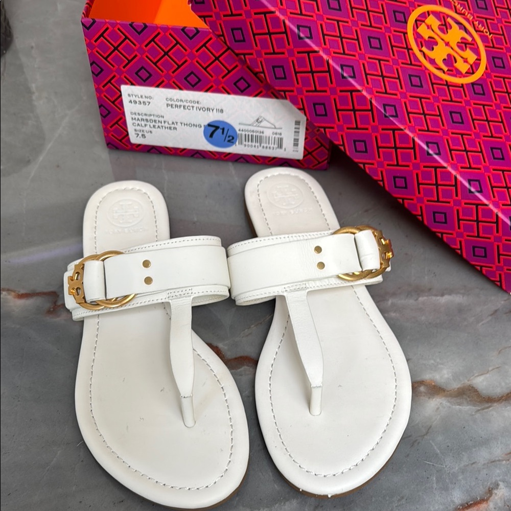 Tory Burch White Sandals with Gold Accents - Marsden Ivory leather thong